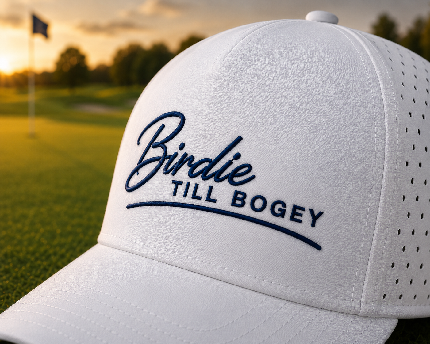 Vit Birdie till Bogey-keps i närbild på golfbanan